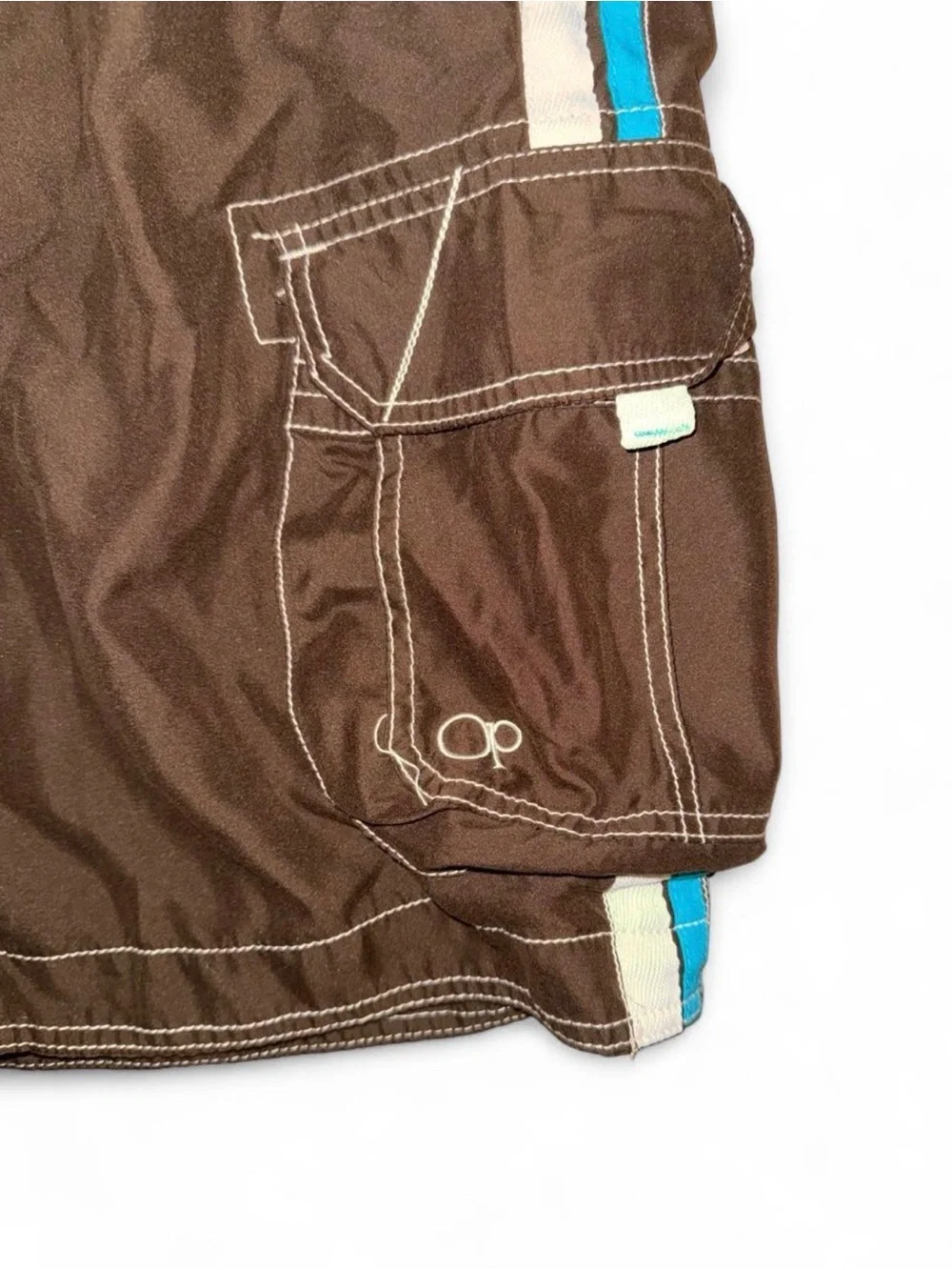Vintage Y2K OP Men's Brown Swim Trunks with White and Blue Stripes
